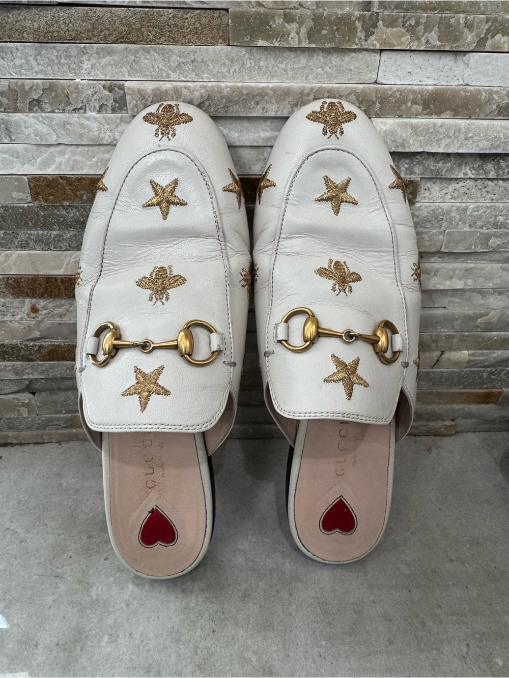 Gucci White Princetown Horsebit Mules with Gold Star & Bee Embroidery - Picture 6 of 9
